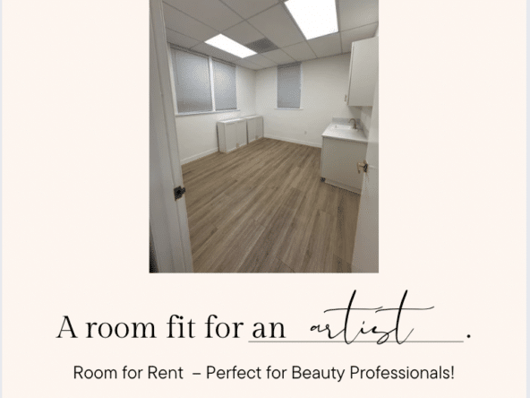 Spacious beauty salon rental room perfect for makeup artists and hair stylists.