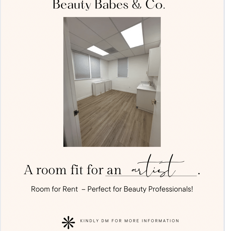 Spacious beauty salon rental room perfect for makeup artists and hair stylists.