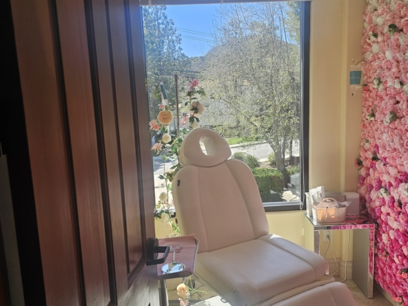 Bright, inviting salon space with a treatment chair near a large window, floral wall decor, and natural sunlight.