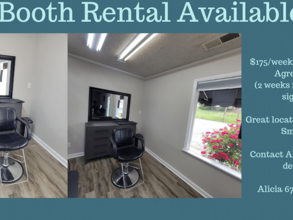 Modern salon booth with mirror, chair, and storage.