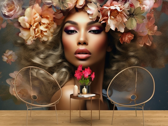 Elegant woman with floral headpiece, perfect for beauty and salon decor.