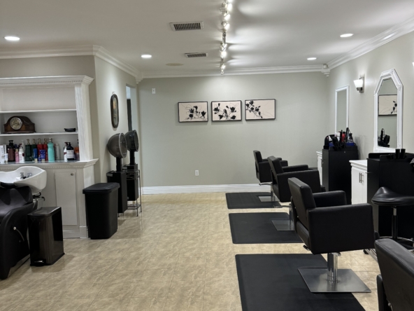 Spacious salon with styling stations, mirrors, and hair care products for professional hairstyling services.