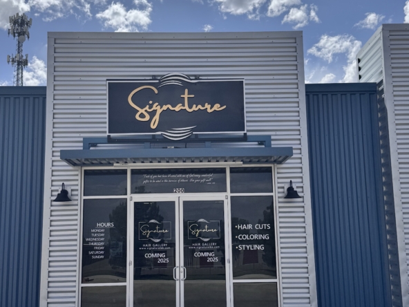 Modern salon storefront featuring signing "Signature" with hair services listed.