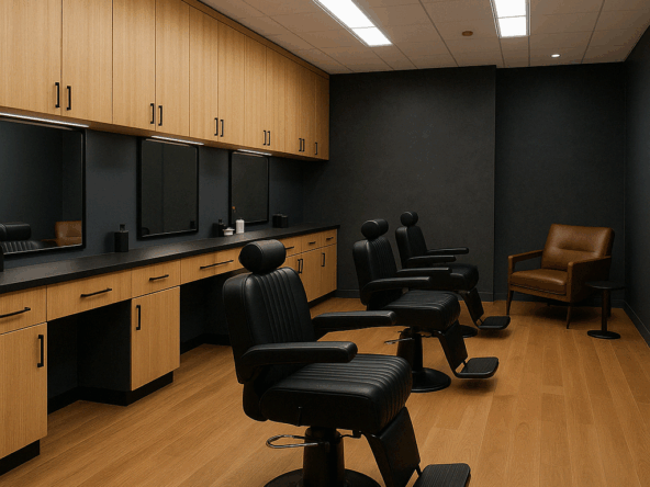 Comfortable barber chairs with mirrors inside a modern salon room.