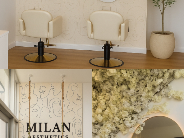 Modern salon interior with stylish chairs, mirrors, and floral decor for beauty services.