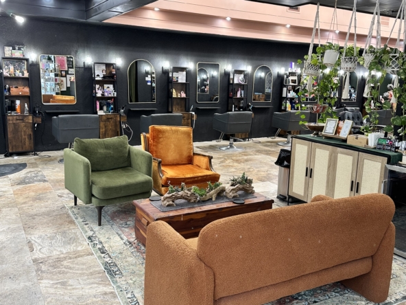 Cozy salon lobby with vintage furniture, greenery, and professional styling stations for a welcoming atmosphere.