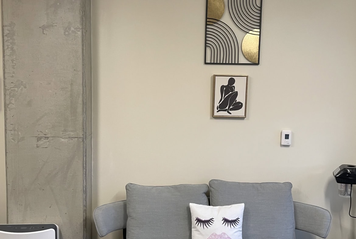 Modern salon waiting area with gray sofa, decorative pillows, and wall art.