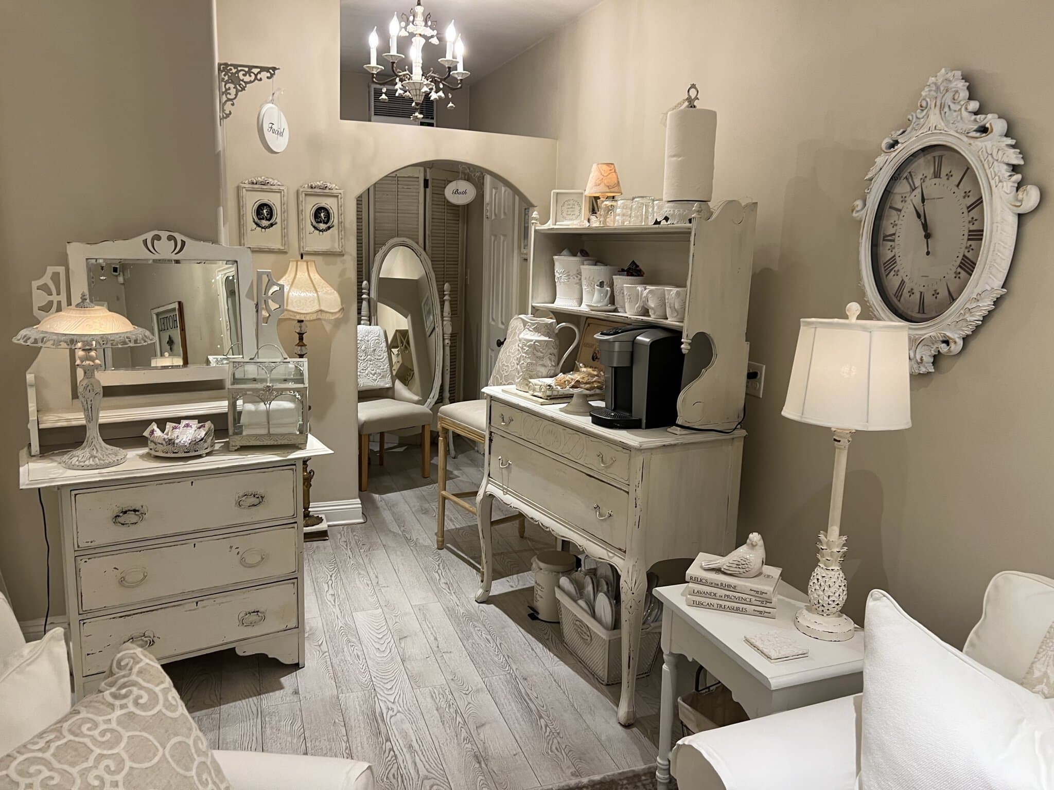 Vintage salon interior with elegant furniture and decor for rent.