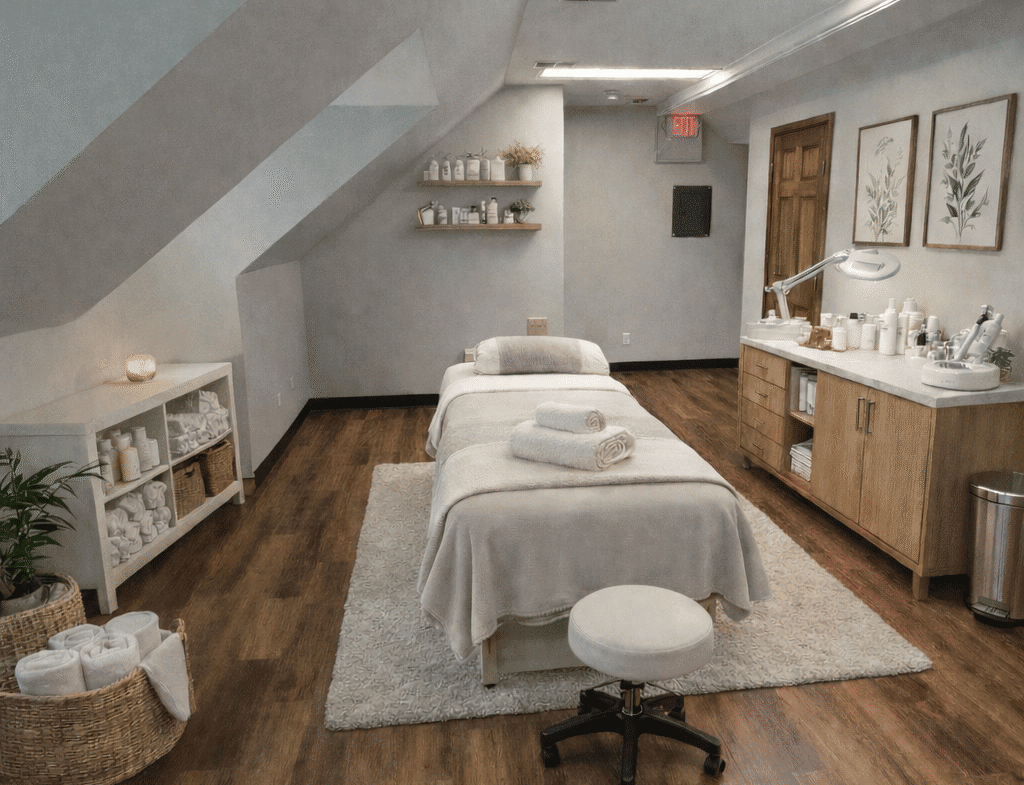 Relaxing spa treatment room with massage beds, soft lighting, and calming decor at Salon Renter. Per.