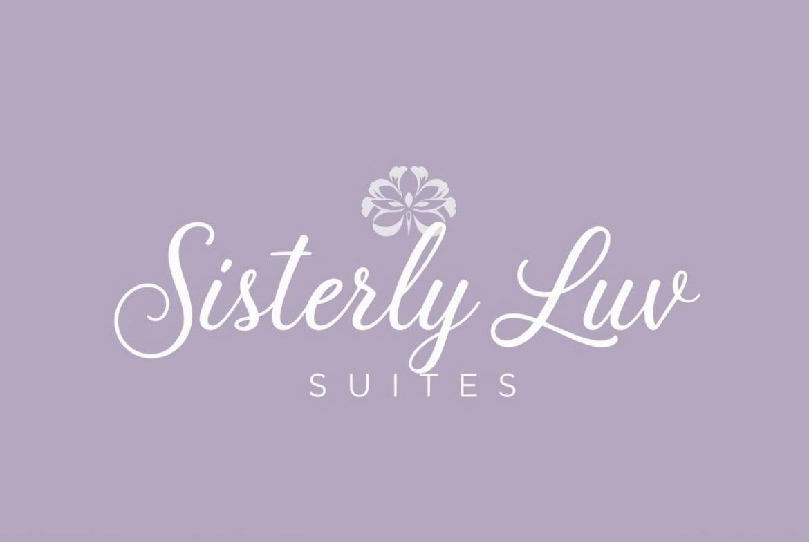 Sisterly Luv Suites logo on a lavender background, elegant and professional design.