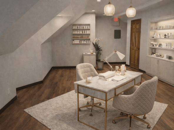 Stylish salon consultation room with comfortable seating, modern lighting, and organized shelves.