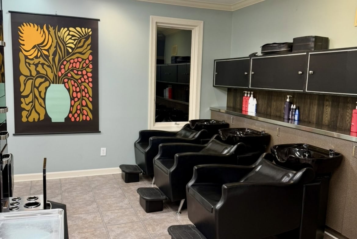 Salon Renter hair salon with black shampoo stations and modern decor.