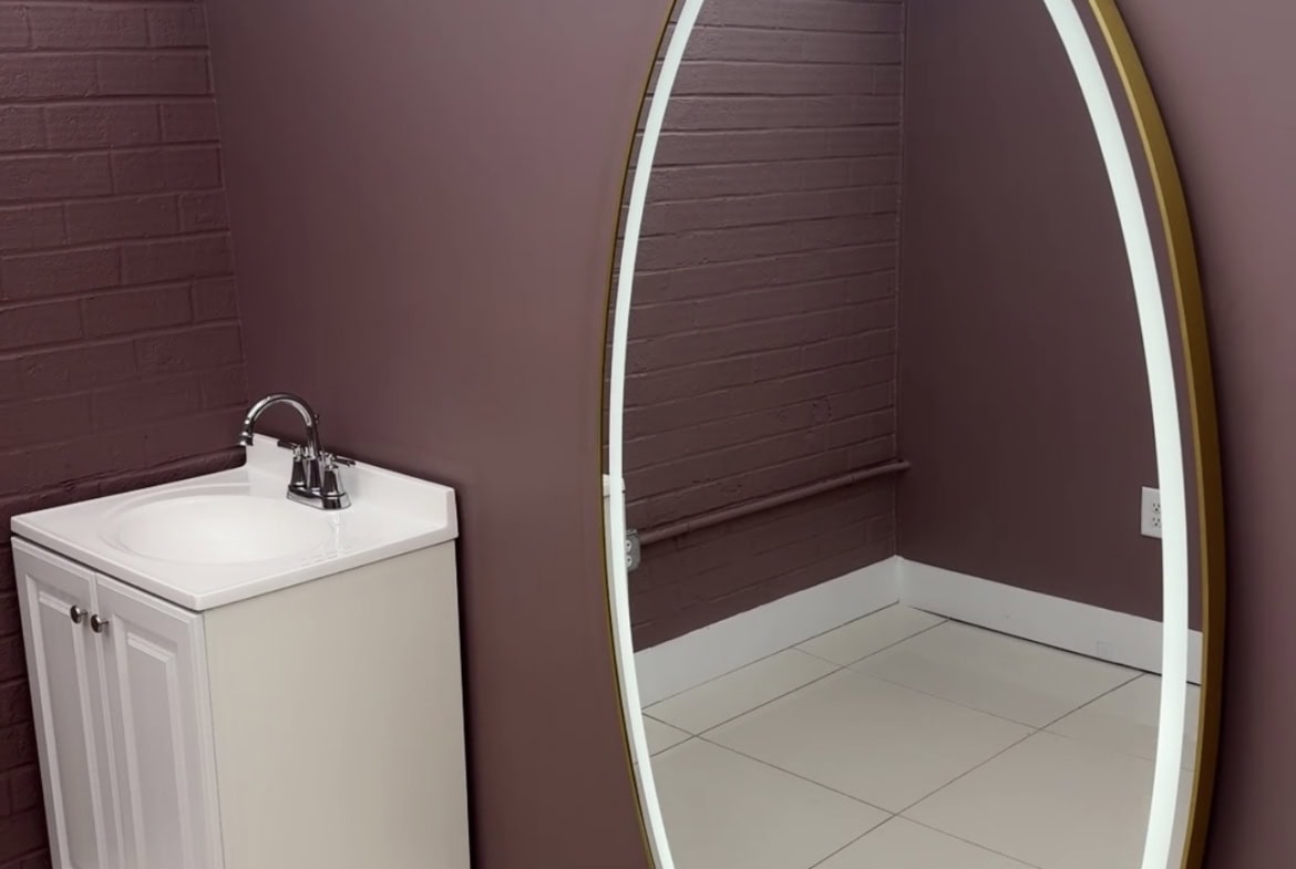 Oval LED mirror for salon or bathroom, stylish and functional decor piece.