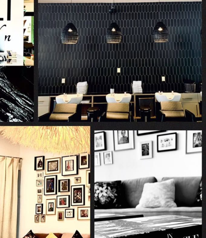 Modern salon interior with stylish decor, black wall, and comfortable chairs for clients.