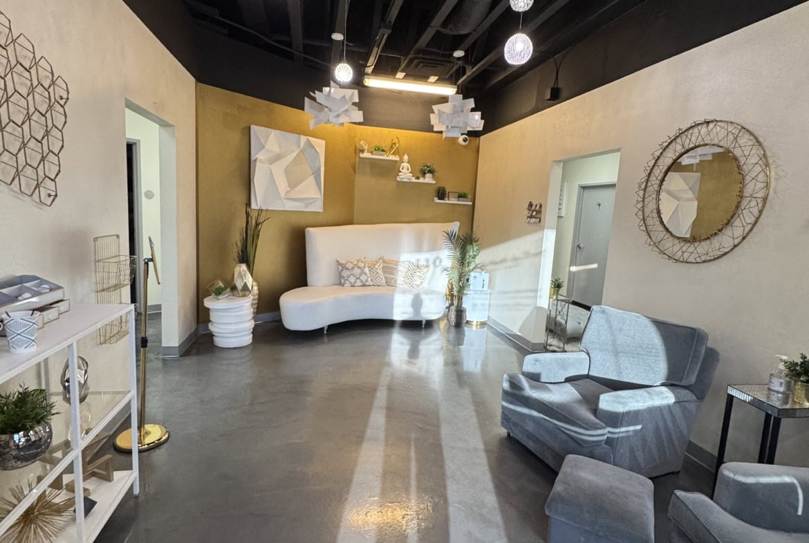 Elegant salon lounge with contemporary furniture and decorative accents.