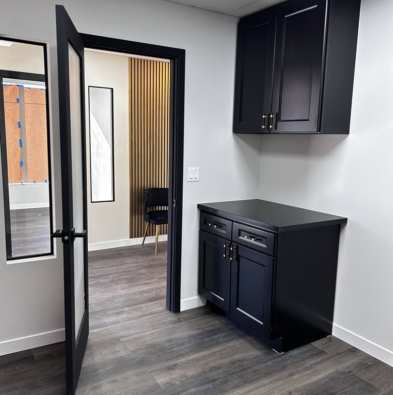 Stylish salon room featuring black cabinets, door, and contemporary interior design.