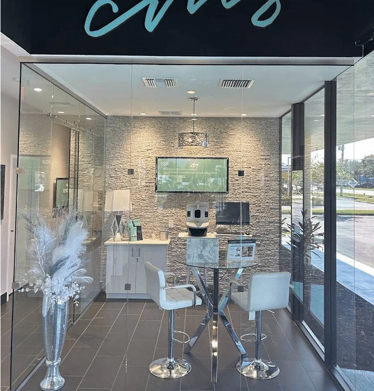 Modern salon reception area with stylish decor and seating for clients.